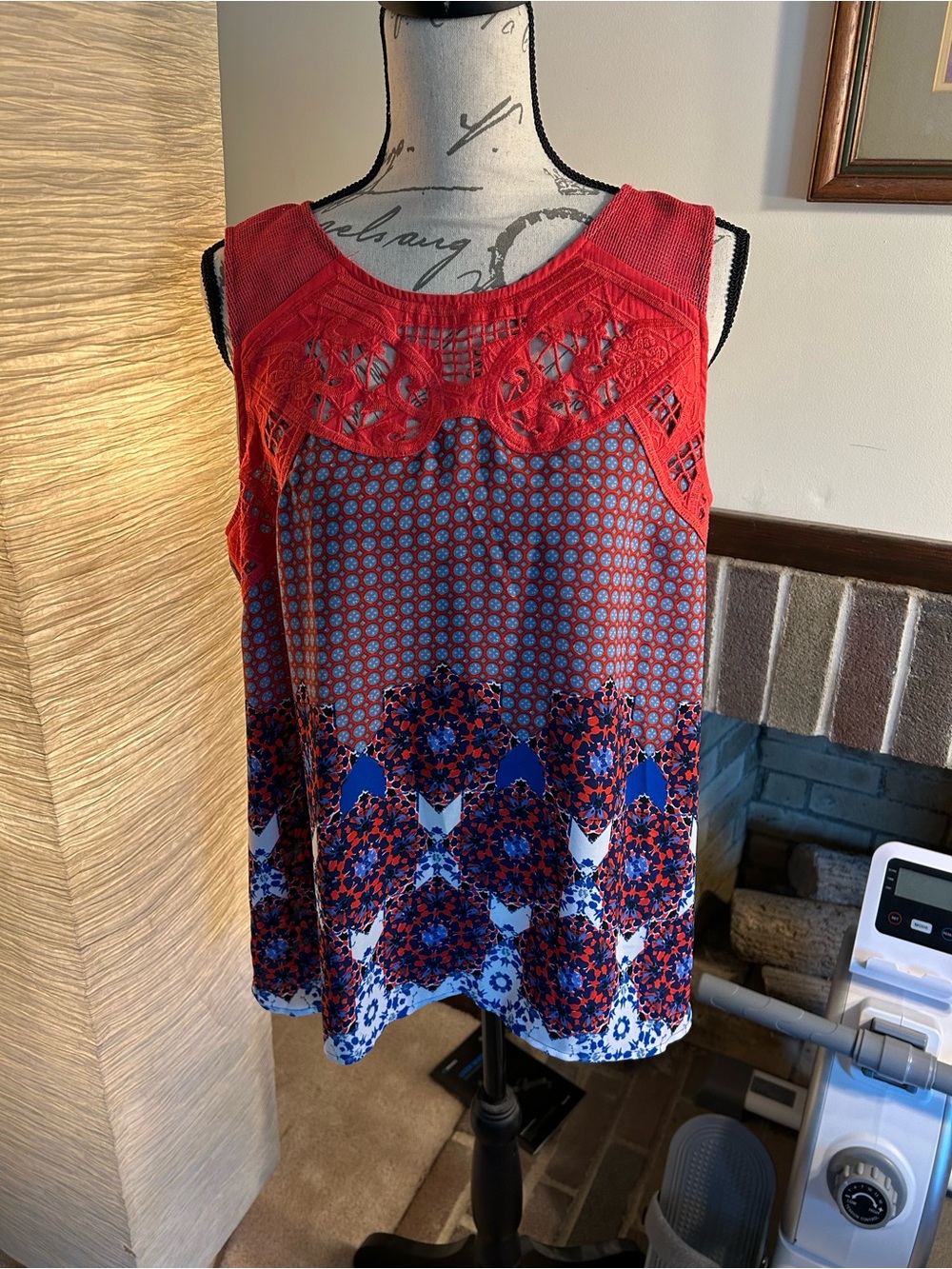 Red & Blue Crochet-Yoke Printed Sleeveless Blouse